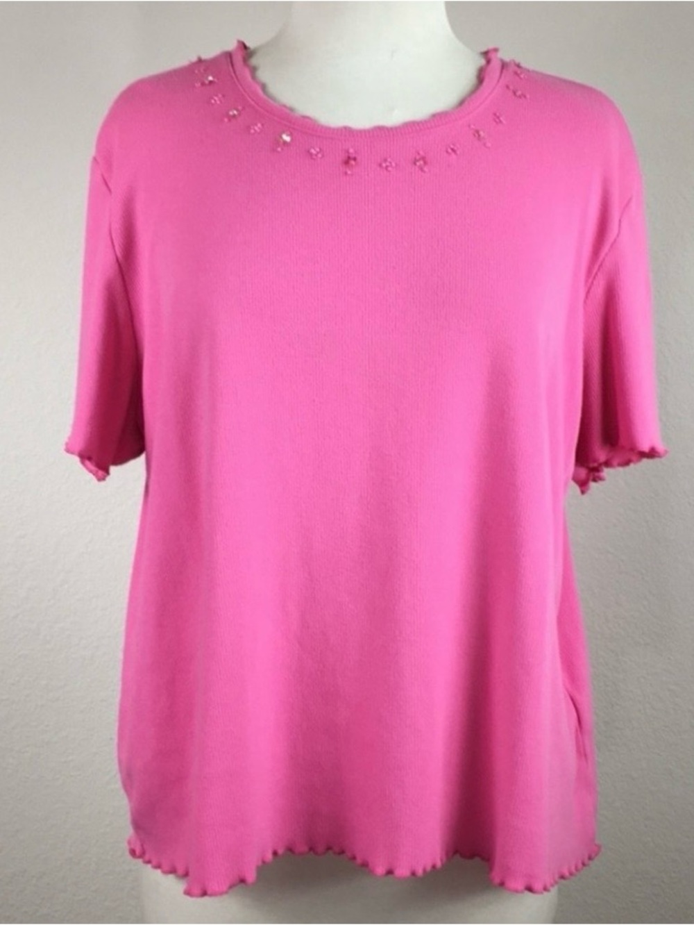 3/$25 Alfred Dunner Women Barbie Pink Beaded Ribbed Short Sleeve T-Shirt Size XL